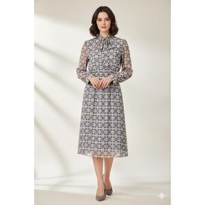 Miguelina Angelina Dress Women L Purple Plaid Silk Chiffon Tie Neck Midi NEW